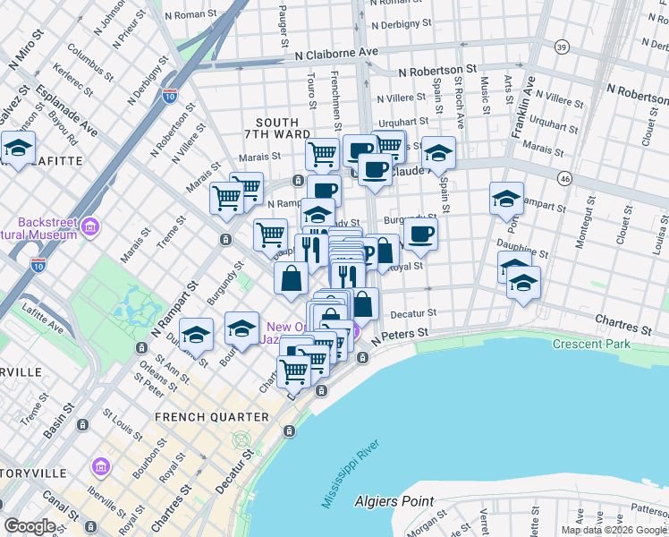 map of restaurants, bars, coffee shops, grocery stores, and more near 615 Kerlerec Street in New Orleans