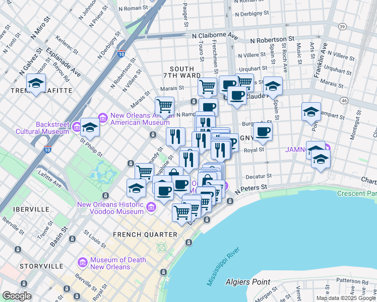 map of restaurants, bars, coffee shops, grocery stores, and more near 719 Esplanade Avenue in New Orleans