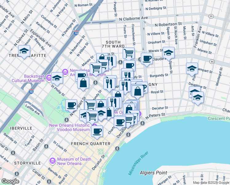 map of restaurants, bars, coffee shops, grocery stores, and more near in New Orleans