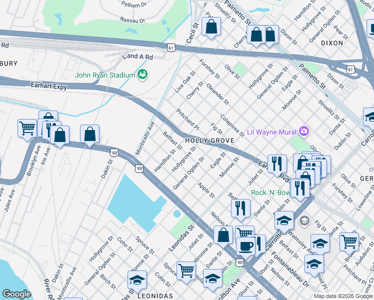 map of restaurants, bars, coffee shops, grocery stores, and more near 2614 Hollygrove Street in New Orleans
