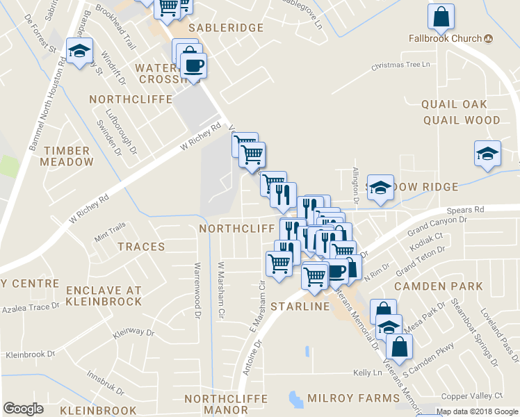 map of restaurants, bars, coffee shops, grocery stores, and more near 3539 Spears Road in Houston
