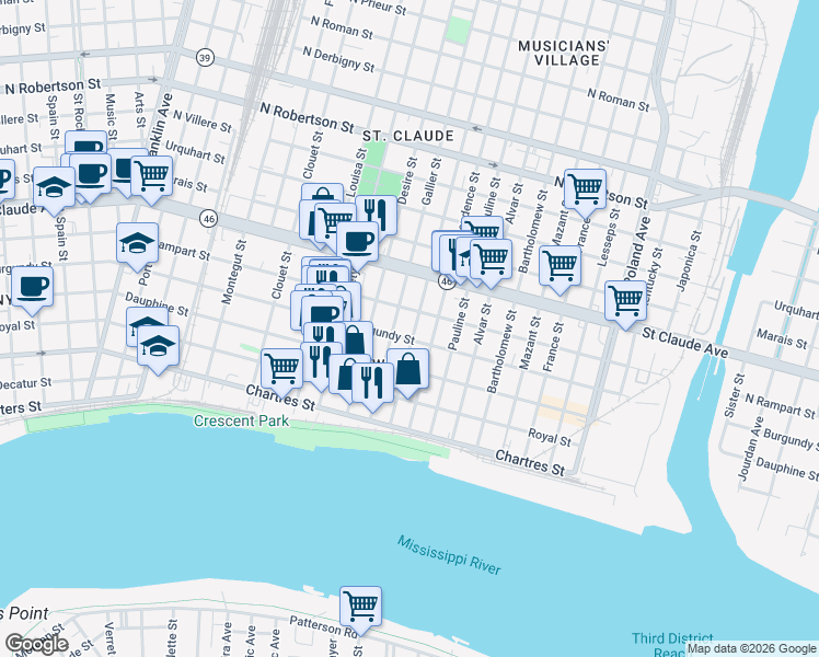 map of restaurants, bars, coffee shops, grocery stores, and more near 3614 Burgundy Street in New Orleans