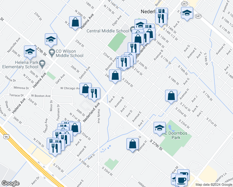 map of restaurants, bars, coffee shops, grocery stores, and more near 200 South 25th Street in Nederland