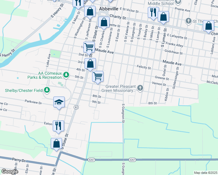 map of restaurants, bars, coffee shops, grocery stores, and more near 400-498 7th Street in Abbeville
