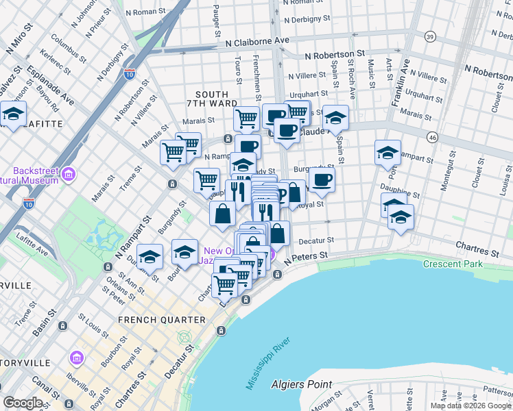 map of restaurants, bars, coffee shops, grocery stores, and more near 615 Kerlerec Street in New Orleans
