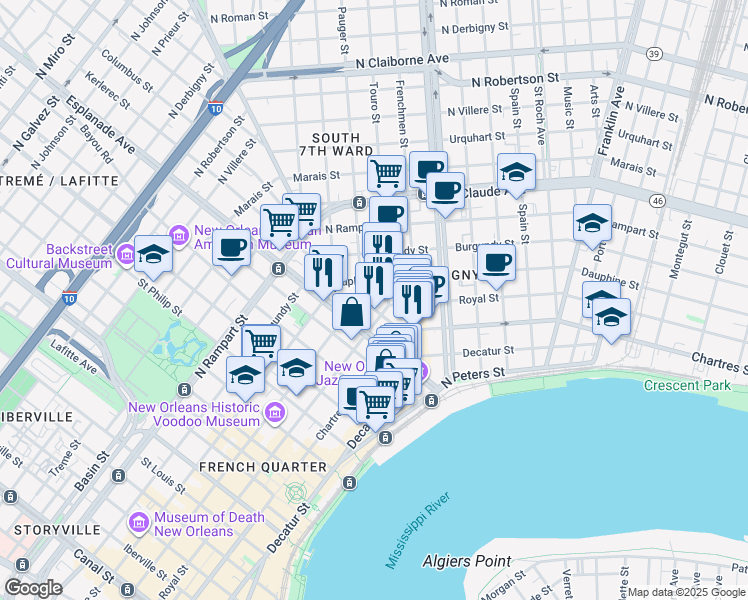 map of restaurants, bars, coffee shops, grocery stores, and more near 719 Esplanade Avenue in New Orleans