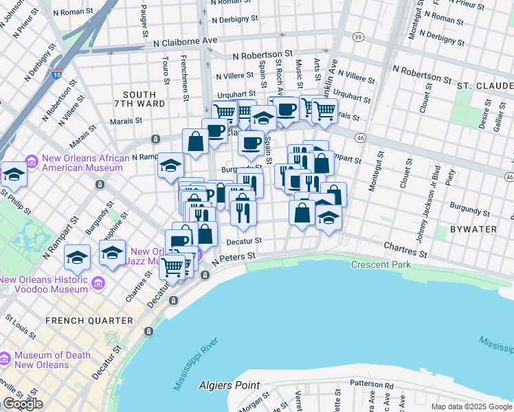 map of restaurants, bars, coffee shops, grocery stores, and more near 2406 Royal Street in New Orleans
