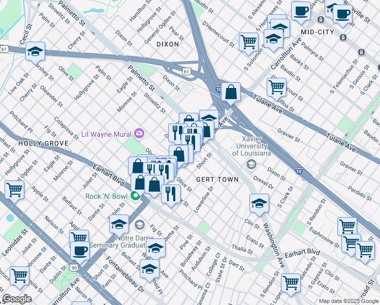 map of restaurants, bars, coffee shops, grocery stores, and more near 8000 Palm Street in New Orleans
