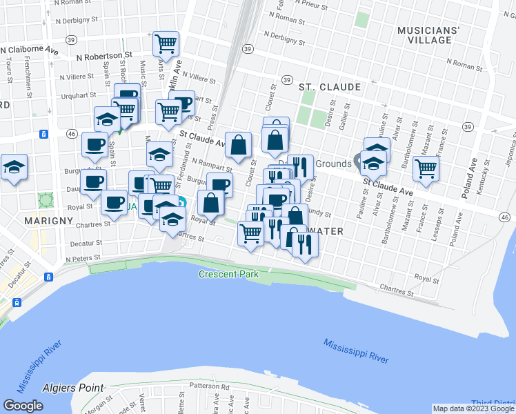 map of restaurants, bars, coffee shops, grocery stores, and more near 3162 Dauphine Street in New Orleans