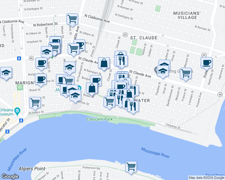 map of restaurants, bars, coffee shops, grocery stores, and more near 3162 Dauphine Street in New Orleans