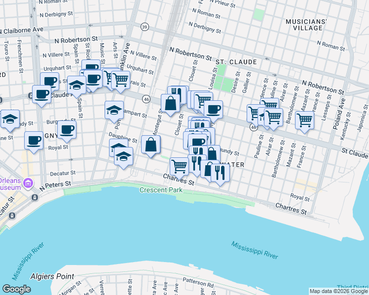map of restaurants, bars, coffee shops, grocery stores, and more near 3162 Dauphine Street in New Orleans