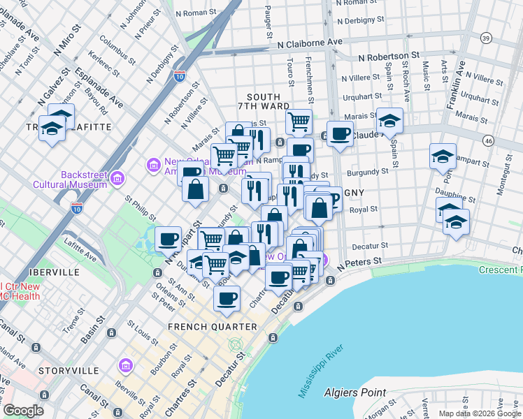 map of restaurants, bars, coffee shops, grocery stores, and more near in New Orleans