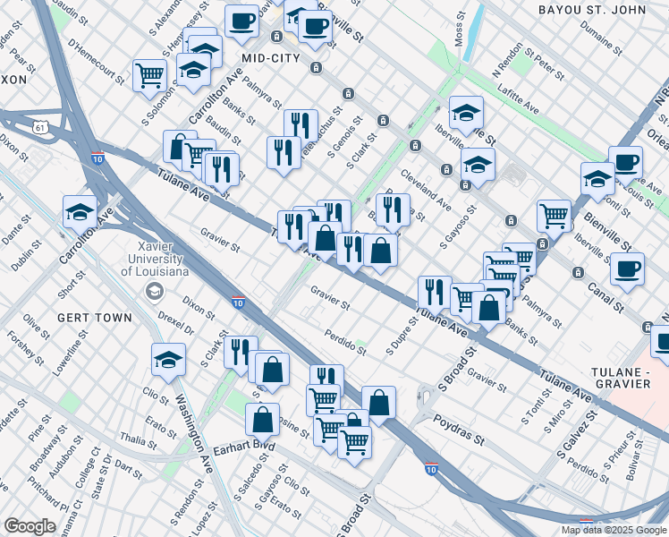 map of restaurants, bars, coffee shops, grocery stores, and more near 3326 Tulane Avenue in New Orleans