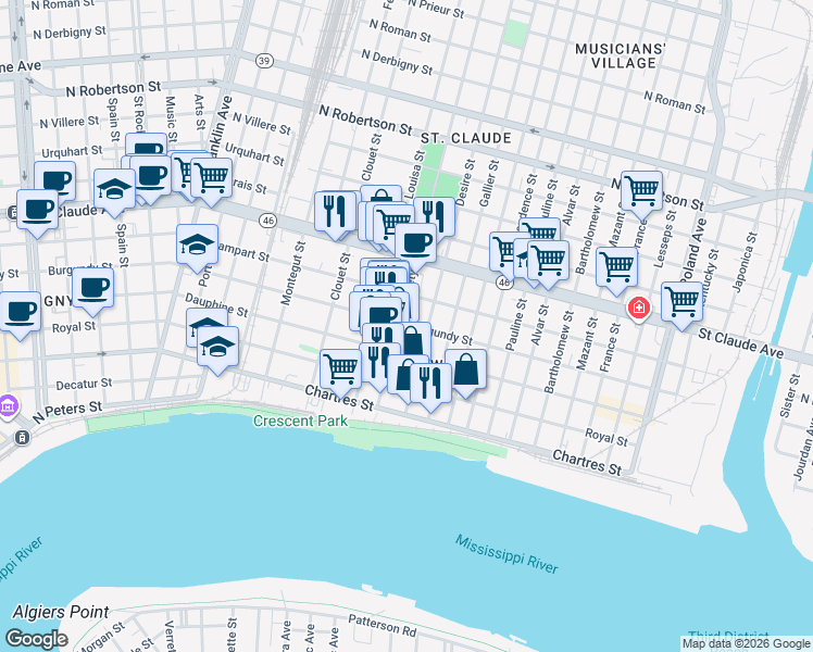 map of restaurants, bars, coffee shops, grocery stores, and more near 3308 Burgundy Street in New Orleans