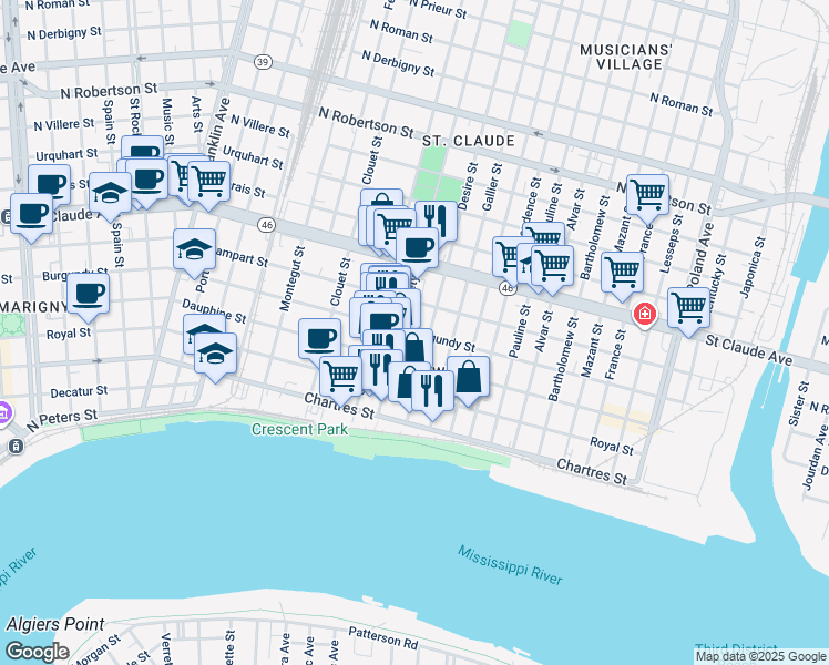 map of restaurants, bars, coffee shops, grocery stores, and more near 3319 Dauphine Street in New Orleans