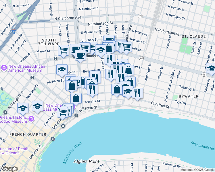 map of restaurants, bars, coffee shops, grocery stores, and more near 2511 Chartres Street in New Orleans