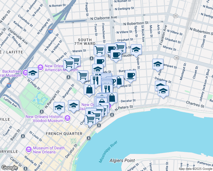 map of restaurants, bars, coffee shops, grocery stores, and more near 615 Kerlerec Street in New Orleans