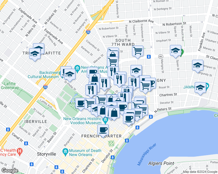 map of restaurants, bars, coffee shops, grocery stores, and more near 1219 Dauphine Street in New Orleans