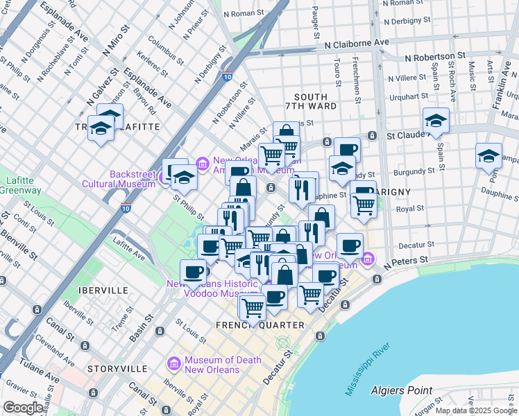 map of restaurants, bars, coffee shops, grocery stores, and more near in New Orleans