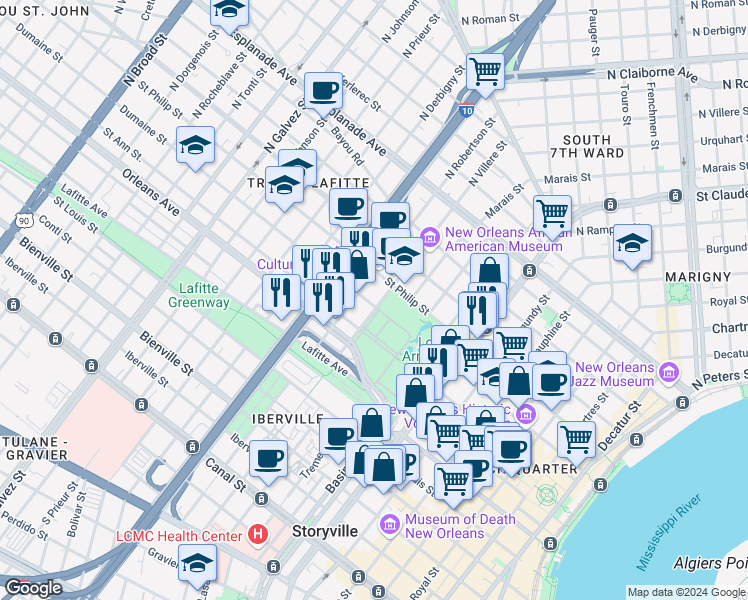 map of restaurants, bars, coffee shops, grocery stores, and more near 827 North Villere Street in New Orleans
