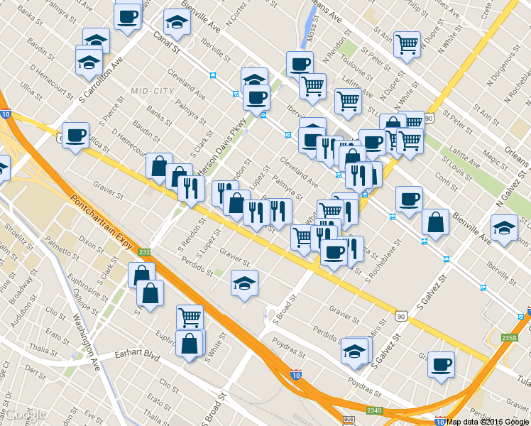 map of restaurants, bars, coffee shops, grocery stores, and more near in New Orleans