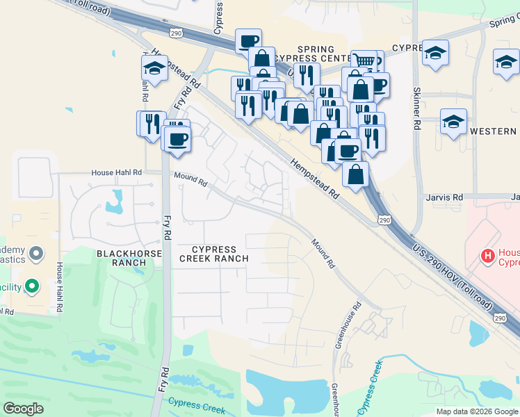 map of restaurants, bars, coffee shops, grocery stores, and more near 15100 Mound Road in Cypress