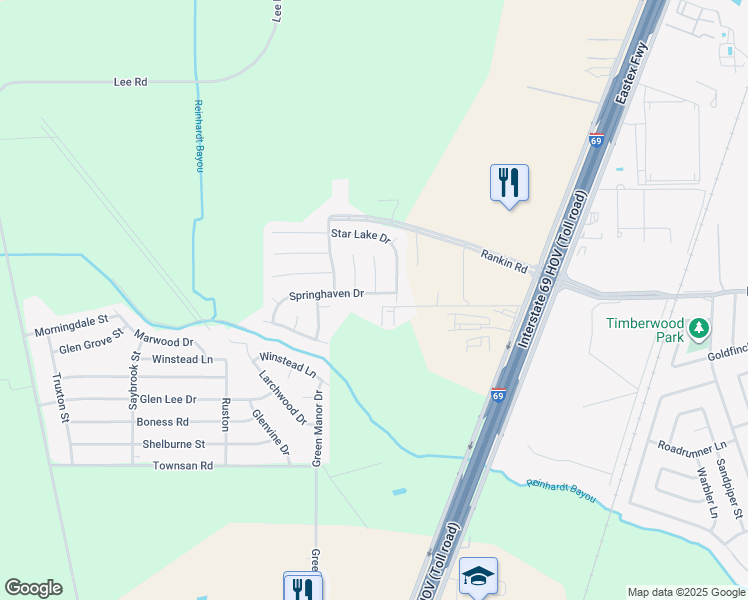 map of restaurants, bars, coffee shops, grocery stores, and more near 6410 Springhaven Dr in Humble