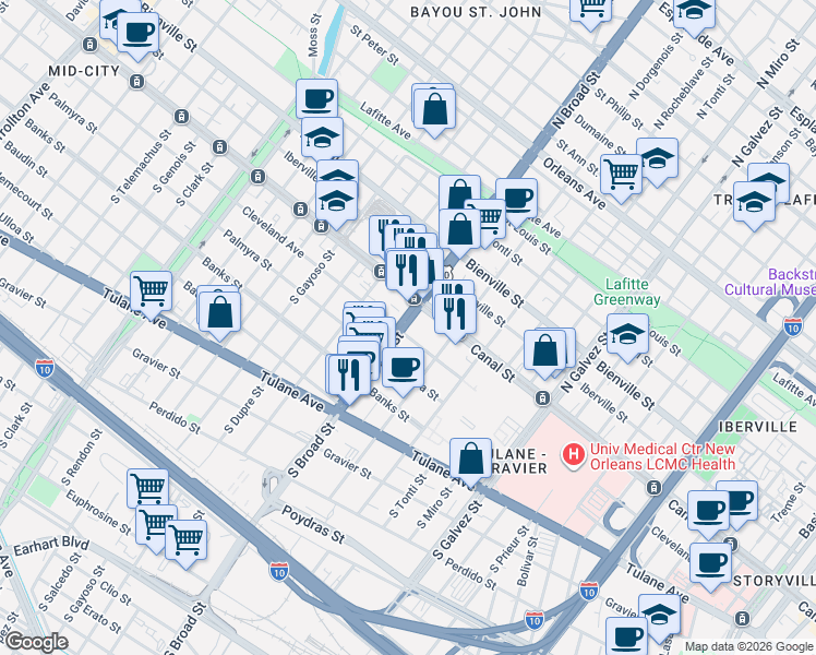 map of restaurants, bars, coffee shops, grocery stores, and more near in New Orleans