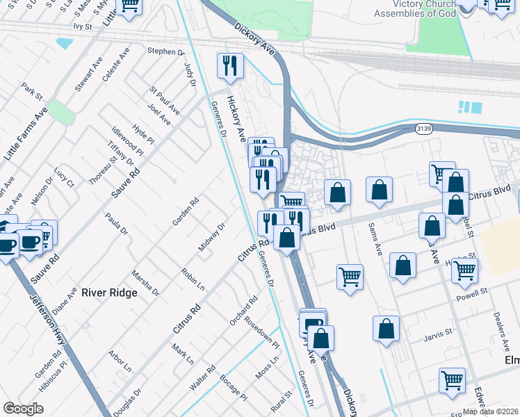 map of restaurants, bars, coffee shops, grocery stores, and more near 1820 Hickory Avenue in Harahan