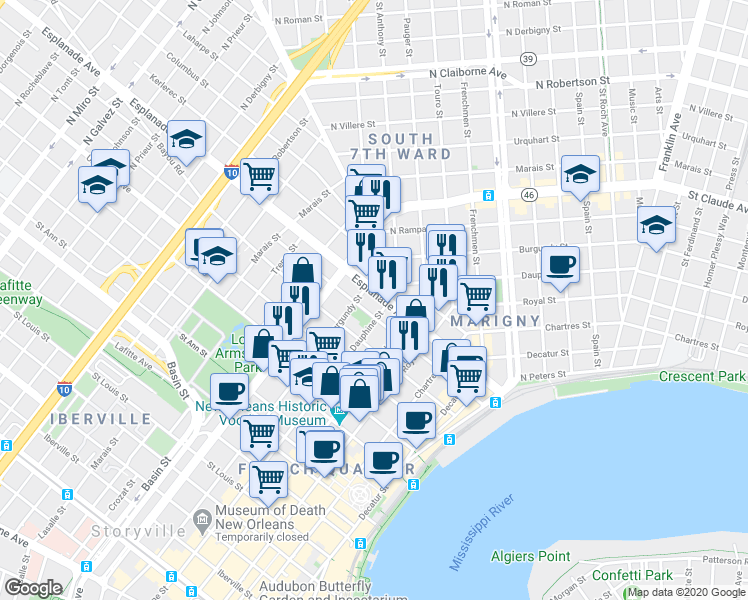 map of restaurants, bars, coffee shops, grocery stores, and more near 1219 Dauphine Street in New Orleans