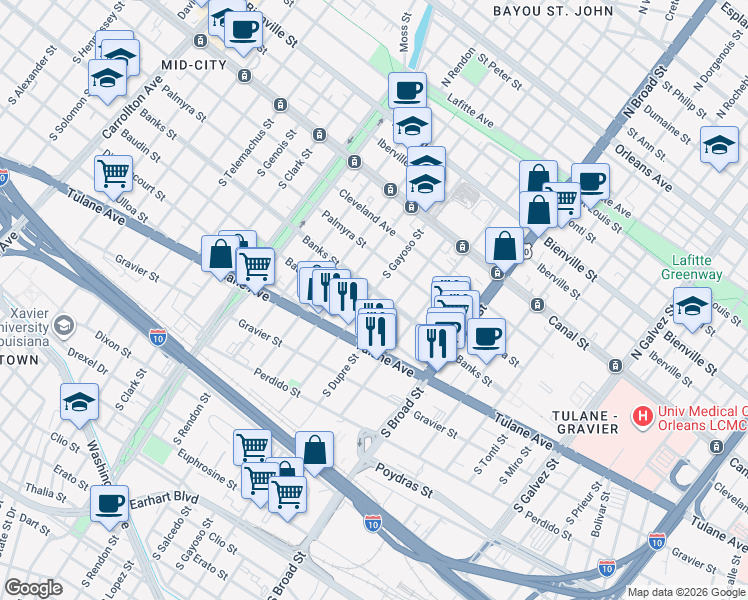 map of restaurants, bars, coffee shops, grocery stores, and more near 2919 Baudin Street in New Orleans