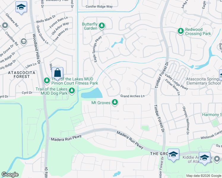 map of restaurants, bars, coffee shops, grocery stores, and more near 11811 Bandera Creek Lane in Atascocita