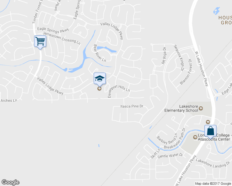 map of restaurants, bars, coffee shops, grocery stores, and more near Crockett Canyon Court in Atascocita