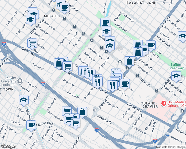 map of restaurants, bars, coffee shops, grocery stores, and more near 2919 Baudin Street in New Orleans