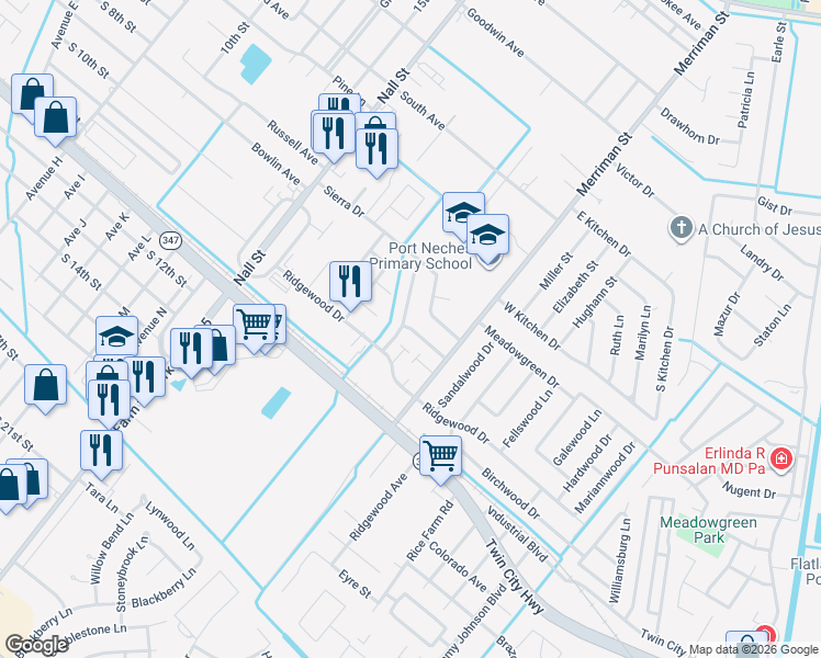 map of restaurants, bars, coffee shops, grocery stores, and more near 713 Alpine Drive in Port Neches