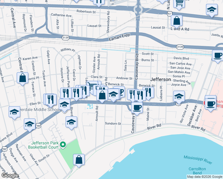 map of restaurants, bars, coffee shops, grocery stores, and more near 160 Rencopas Court in Jefferson
