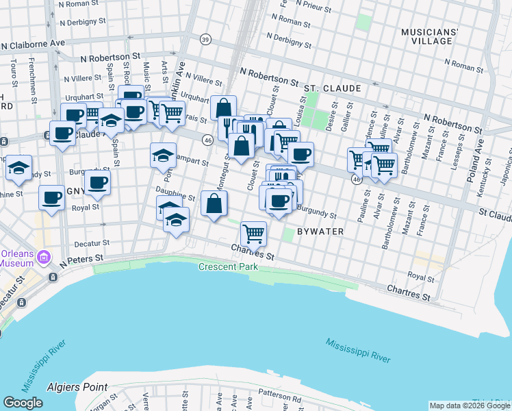 map of restaurants, bars, coffee shops, grocery stores, and more near 900 Clouet Street in New Orleans