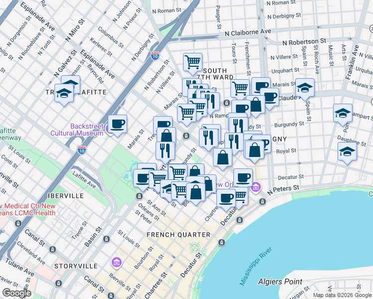 map of restaurants, bars, coffee shops, grocery stores, and more near in New Orleans