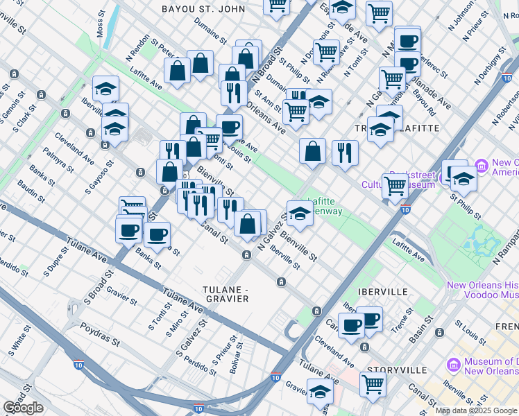 map of restaurants, bars, coffee shops, grocery stores, and more near 2309 Conti Street in New Orleans