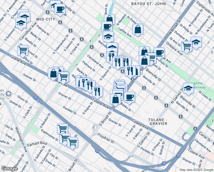 map of restaurants, bars, coffee shops, grocery stores, and more near 2910 Palmyra Street in New Orleans