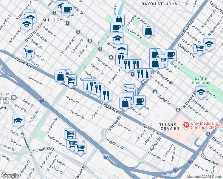 map of restaurants, bars, coffee shops, grocery stores, and more near 2910 Palmyra Street in New Orleans