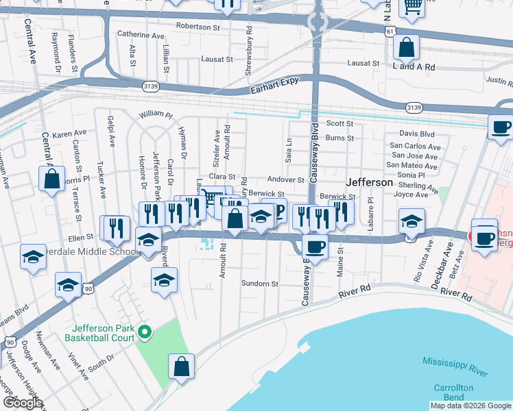 map of restaurants, bars, coffee shops, grocery stores, and more near 160 Rencopas Court in Jefferson