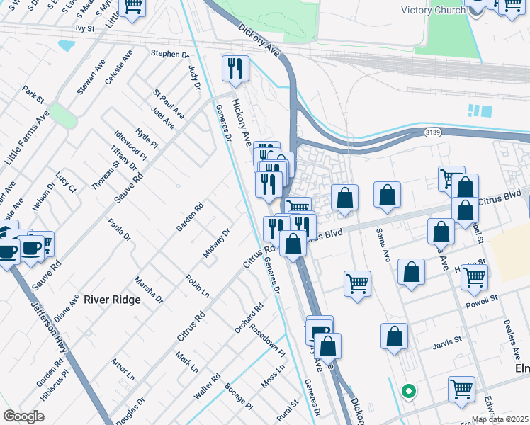 map of restaurants, bars, coffee shops, grocery stores, and more near 1913 Generes Drive in Harahan