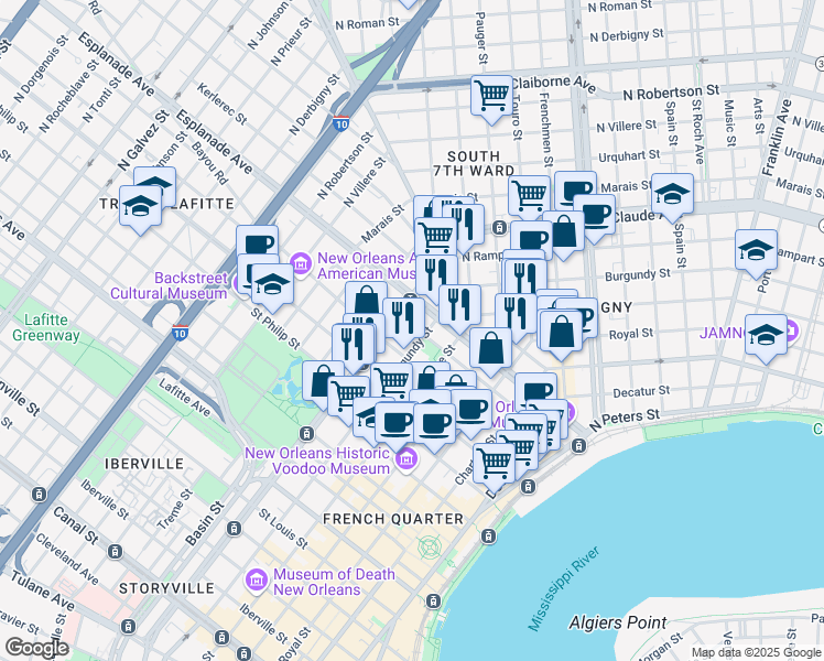 map of restaurants, bars, coffee shops, grocery stores, and more near in New Orleans