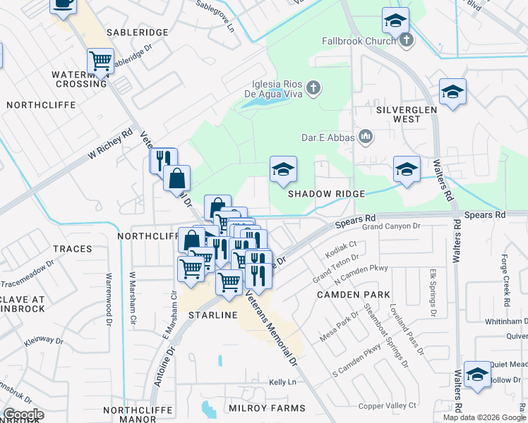 map of restaurants, bars, coffee shops, grocery stores, and more near 3307 Allington Court in Houston
