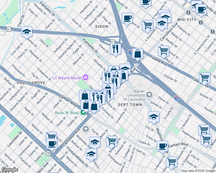 map of restaurants, bars, coffee shops, grocery stores, and more near 3502 South Carrollton Avenue in New Orleans