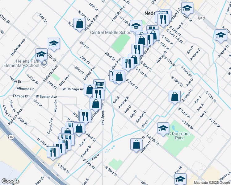 map of restaurants, bars, coffee shops, grocery stores, and more near 2505 Nederland Avenue in Nederland