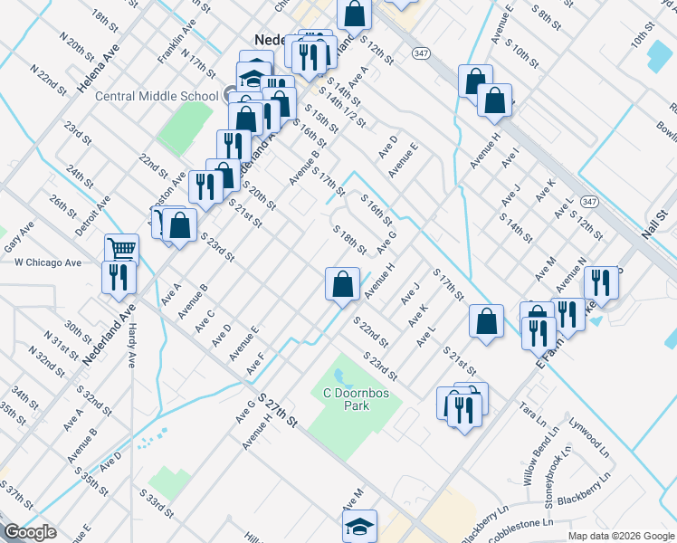 map of restaurants, bars, coffee shops, grocery stores, and more near 1922 Avenue F in Nederland