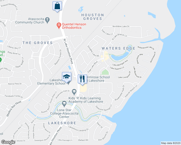 map of restaurants, bars, coffee shops, grocery stores, and more near 16637 Conner Creek Lane in Houston