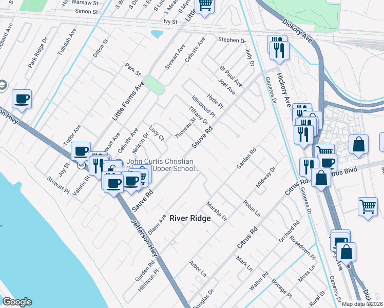 map of restaurants, bars, coffee shops, grocery stores, and more near 7212 Veterans Boulevard in New Orleans